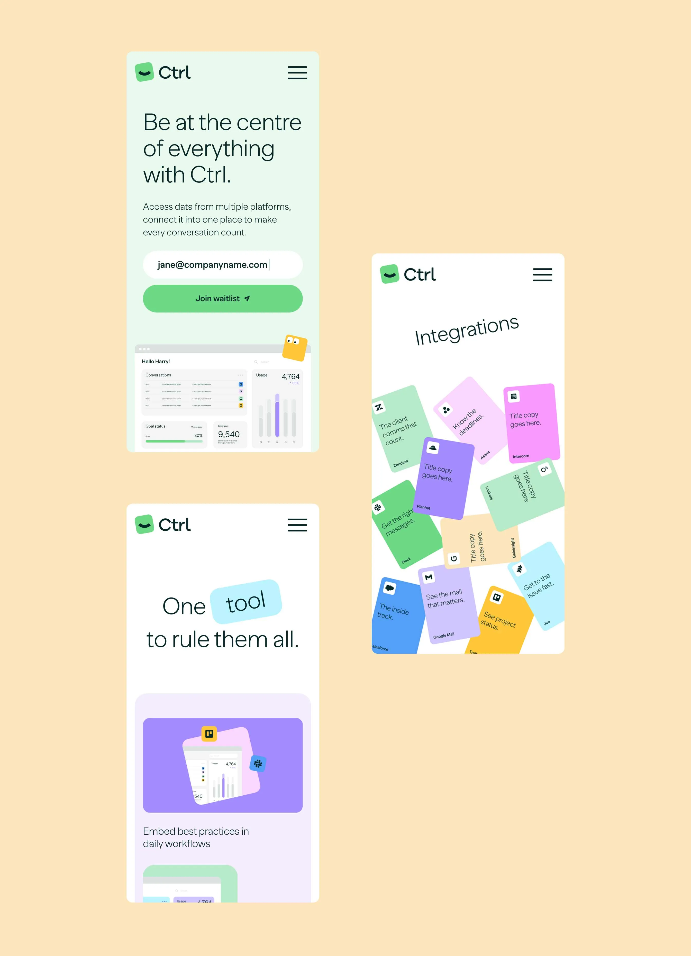 Three mobile screens showing an app interface: signup page with email input, integrations page with colorful app cards, and a page stating 'One tool to rule them all.'
