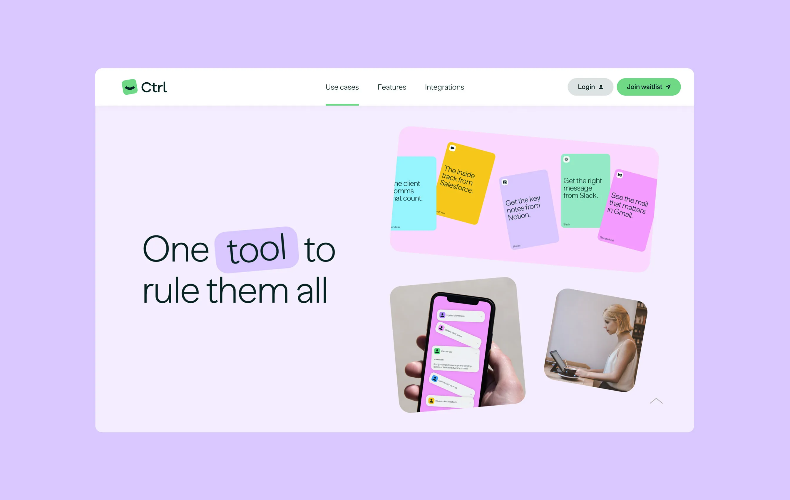Website homepage for a SaaS platform with slogan 'One tool to rule them all,' showing integrations with Salesforce, Zendesk, Notion, Slack, Gmail, and images of a phone interface and woman working on a laptop.