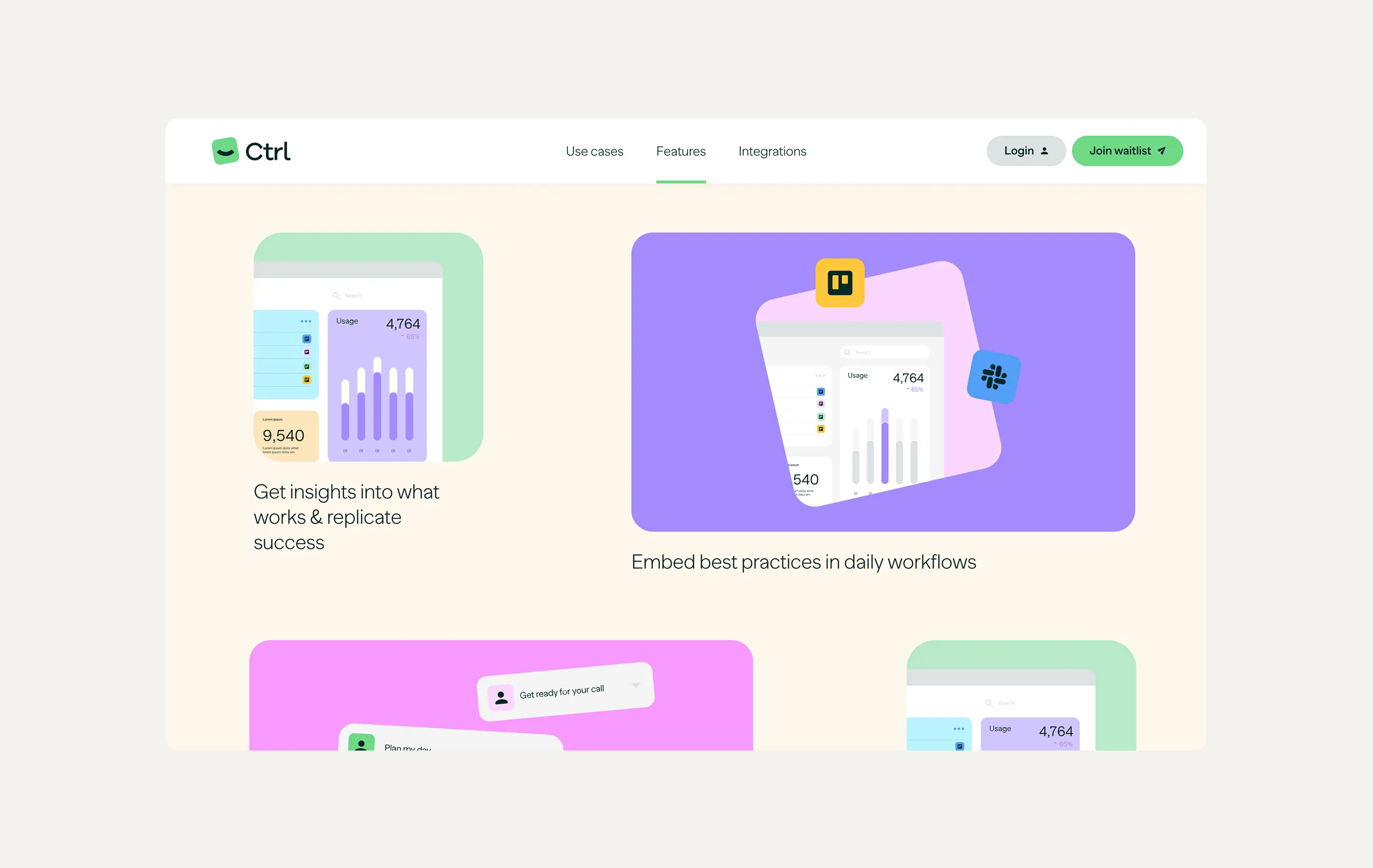 SaaS platform website features page showing insights with usage charts and integration icons for Trello and Slack.