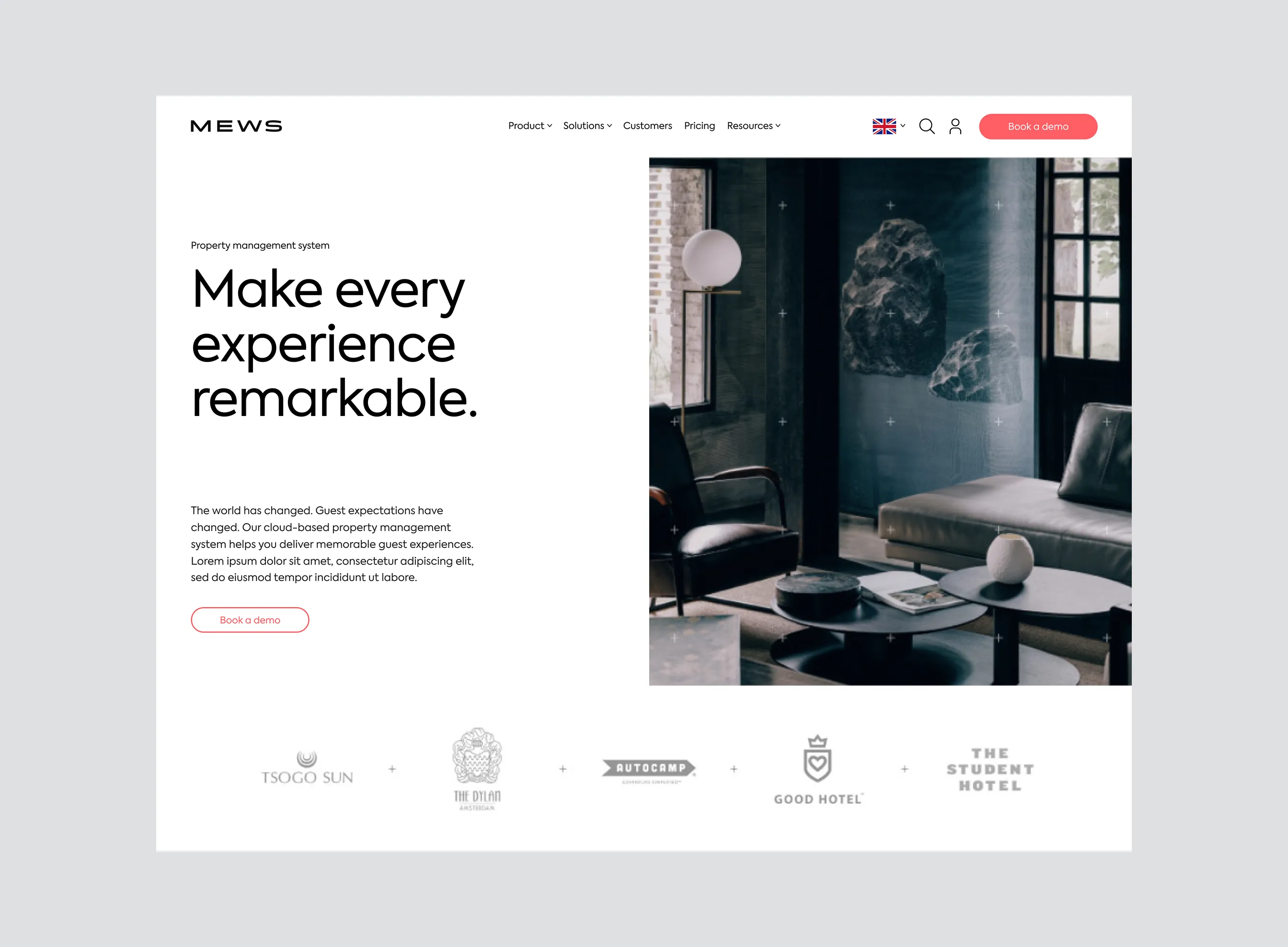 Website homepage with a headline 'Make every experience remarkable' describing a property management system and a modern living room photo on the right side.