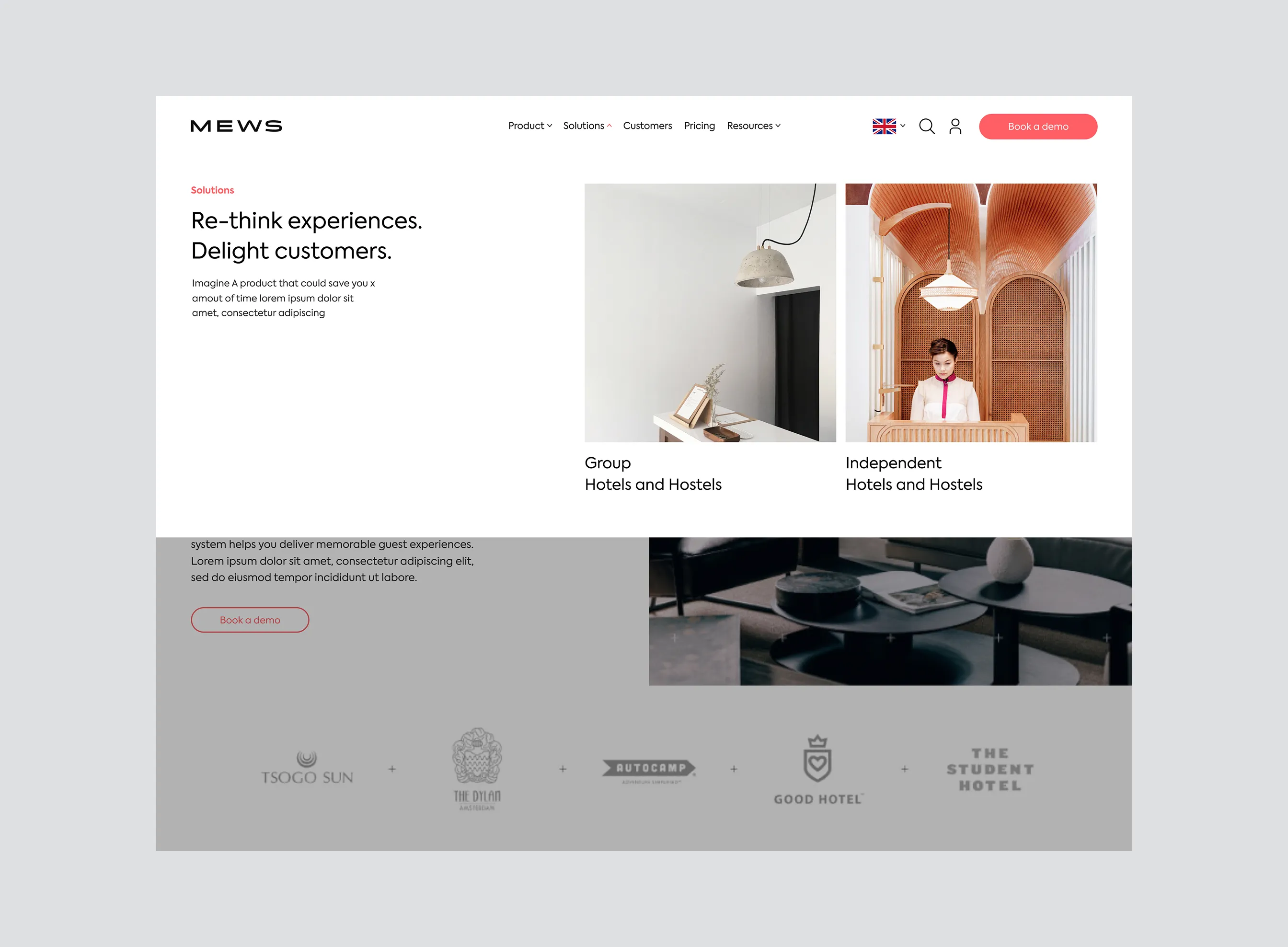 Website mega menu titled 'Re-think experiences. Delight customers.' with images and labels for Group Hotels and Hostels and Independent Hotels and Hostels.