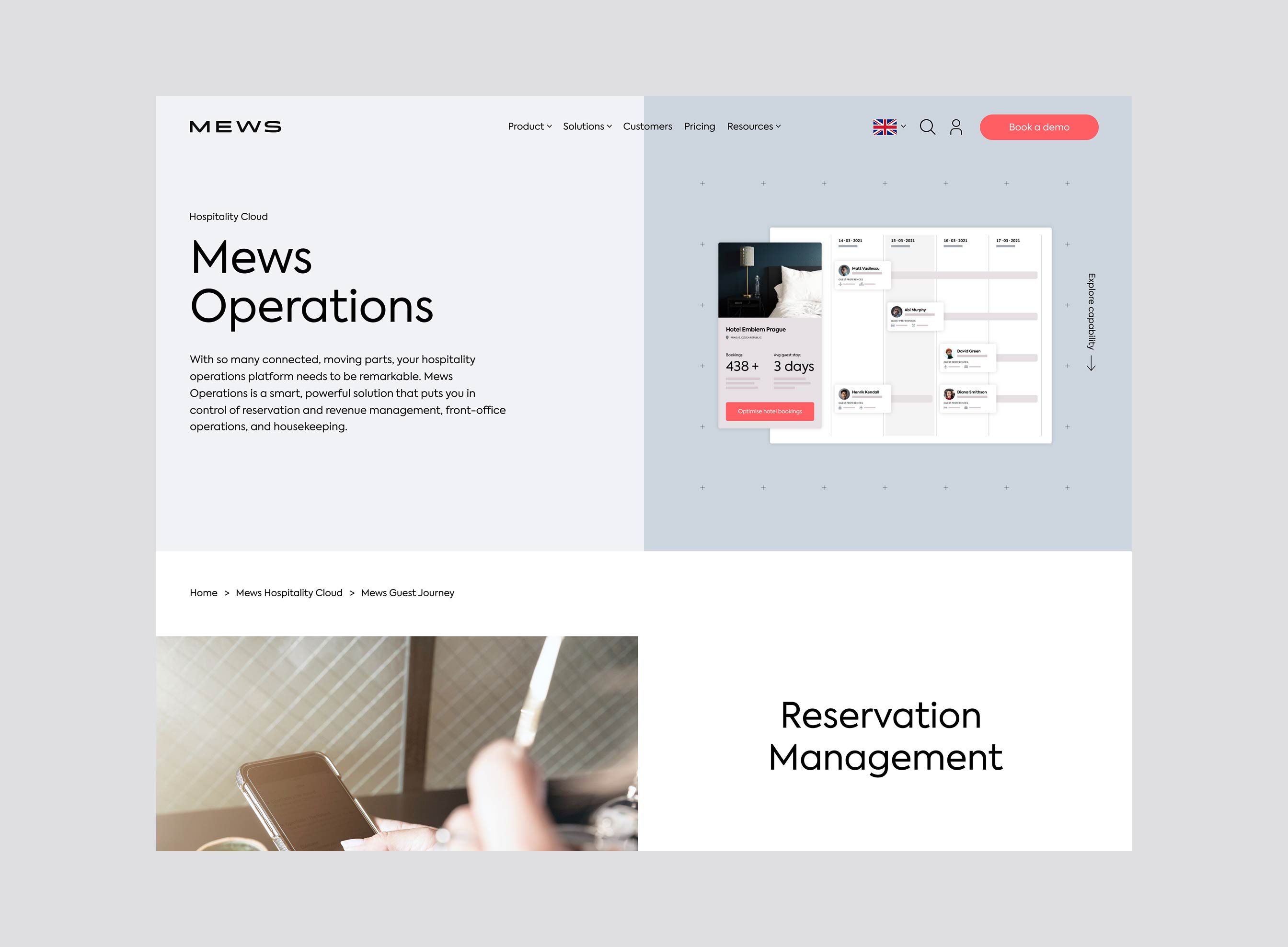 Website page for a SaaS company showing dashboard interface and text about reservation management.