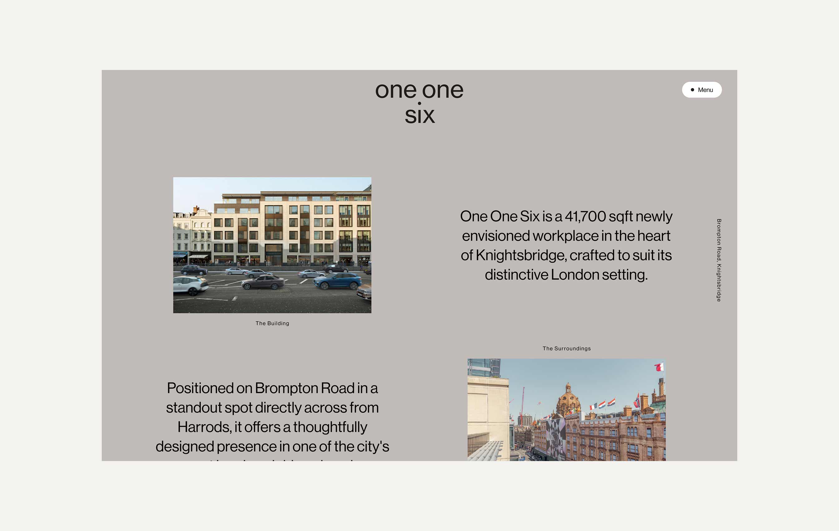 Website interface showing a modern building on Brompton Road with cars passing by, alongside text describing a 41,700 sqft workplace in Knightsbridge, London.
