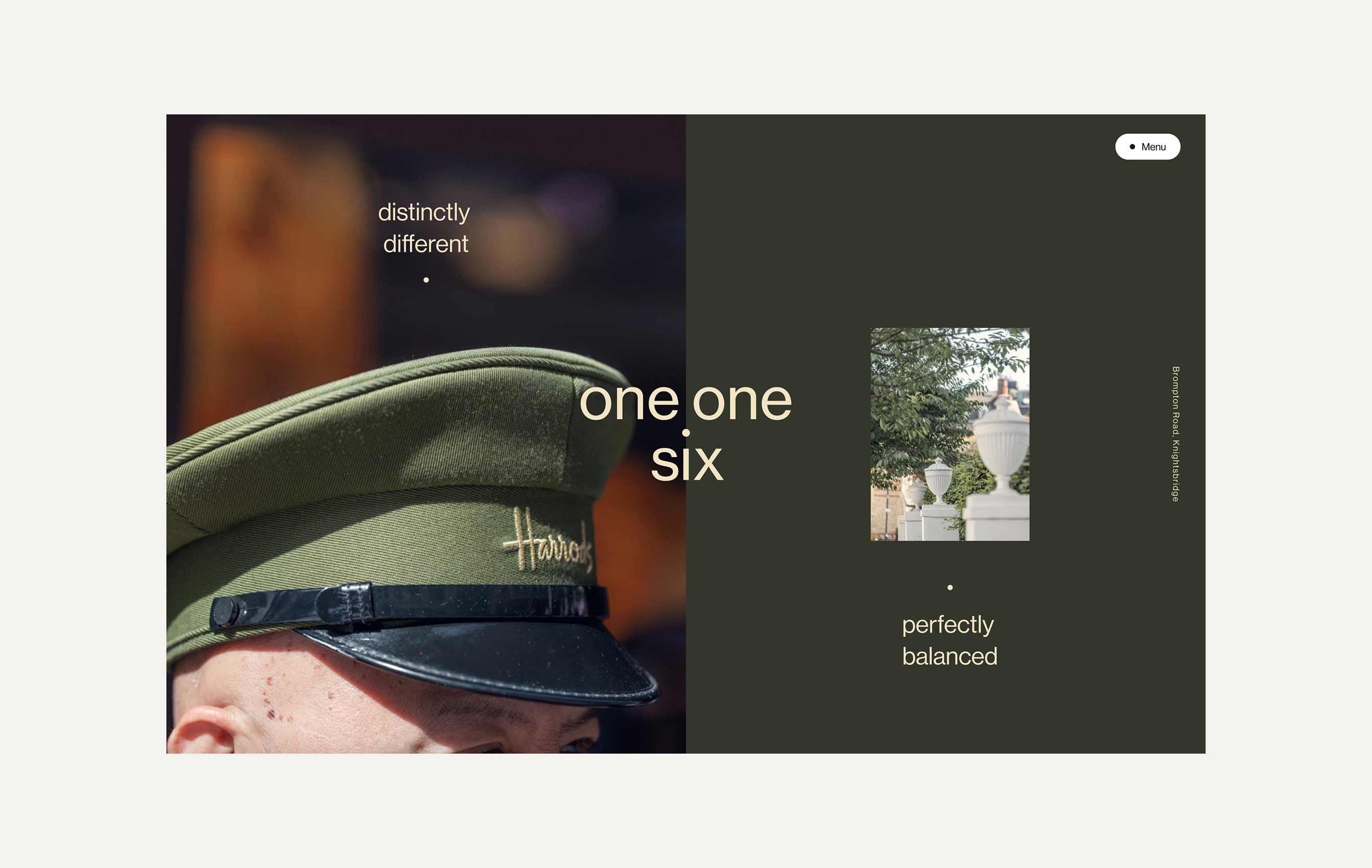 Website interface showing a close-up of a person wearing a green Harrods cap on left, and a small image of white urn-style garden ornaments lined up beside a tree on right, with texts reading 'distinctly different', and 'perfectly balanced'.