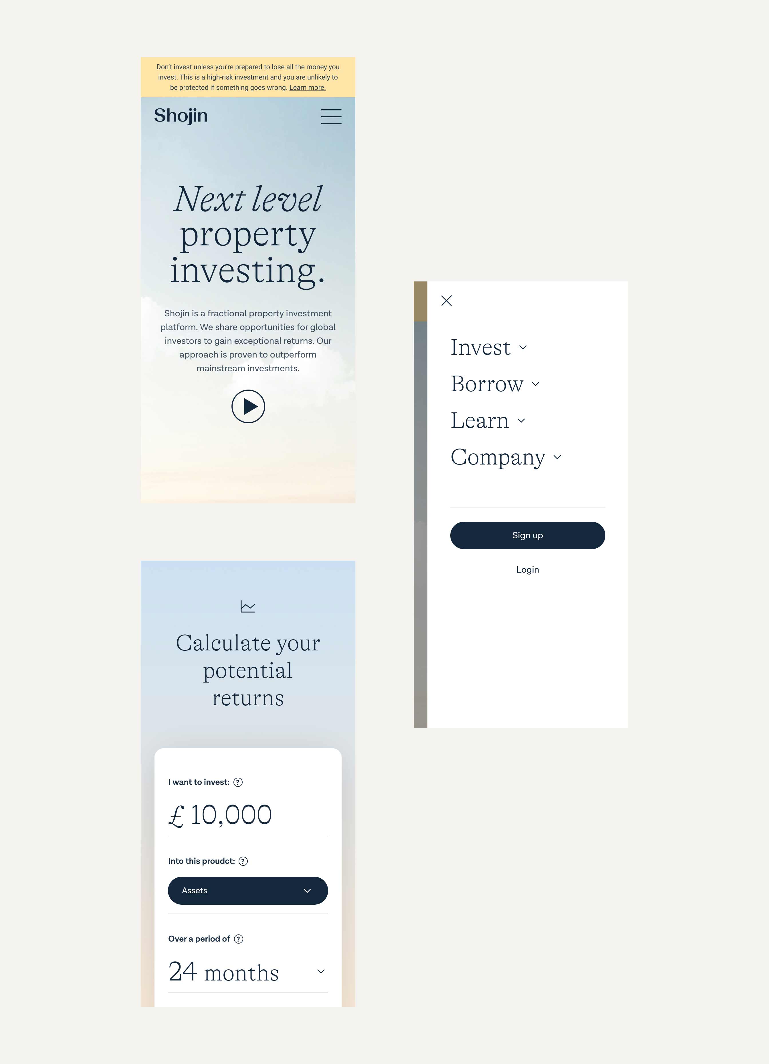 Mobile screens of an investment platform showing next level property investing, a menu with Invest, Borrow, Learn, Company options, and a calculator for potential returns on a £10,000 investment over 24 months.
