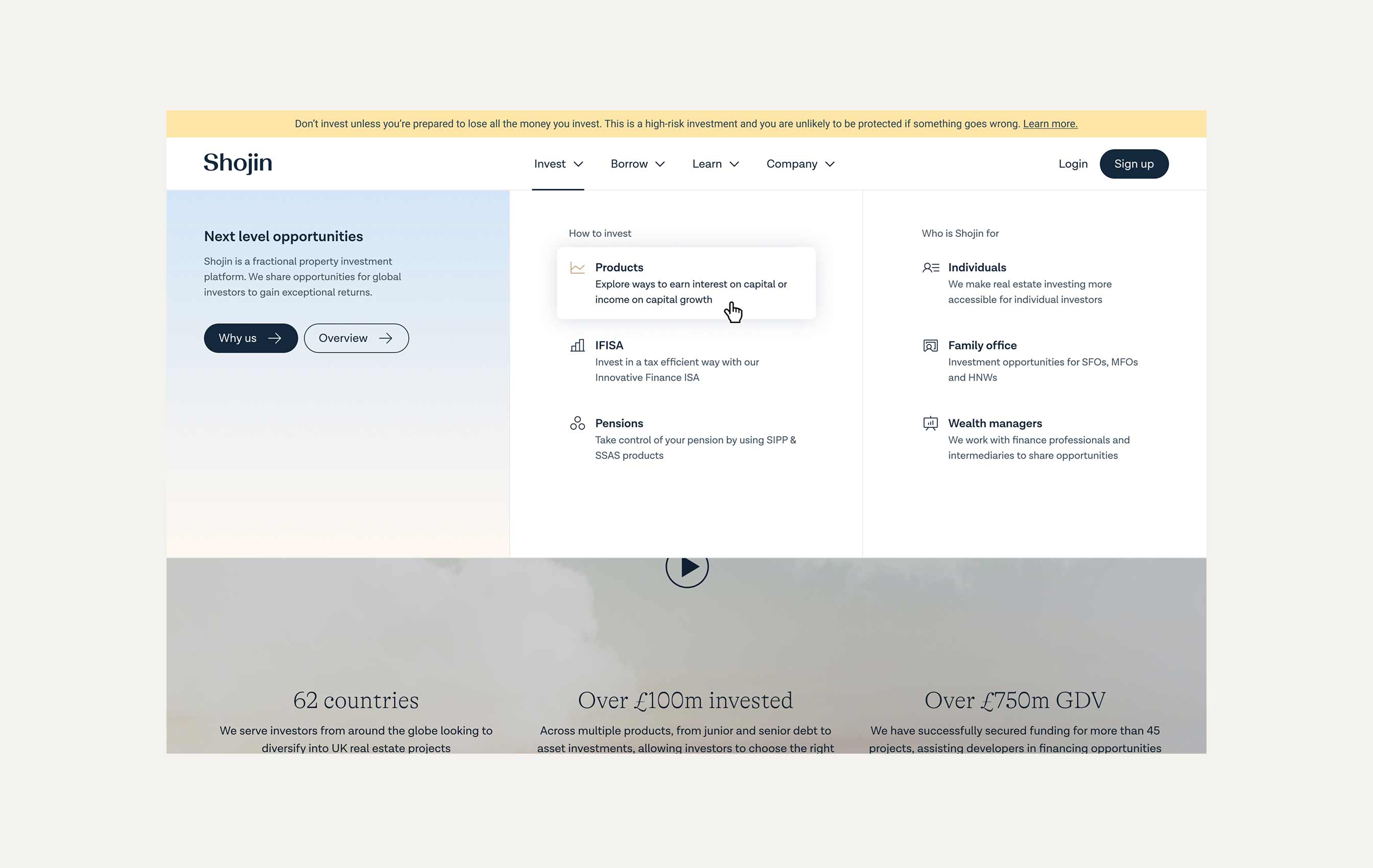 Website homepage showing investment options, target users, and key statistics including 62 countries served, over £100m invested, and over £750m GDV.