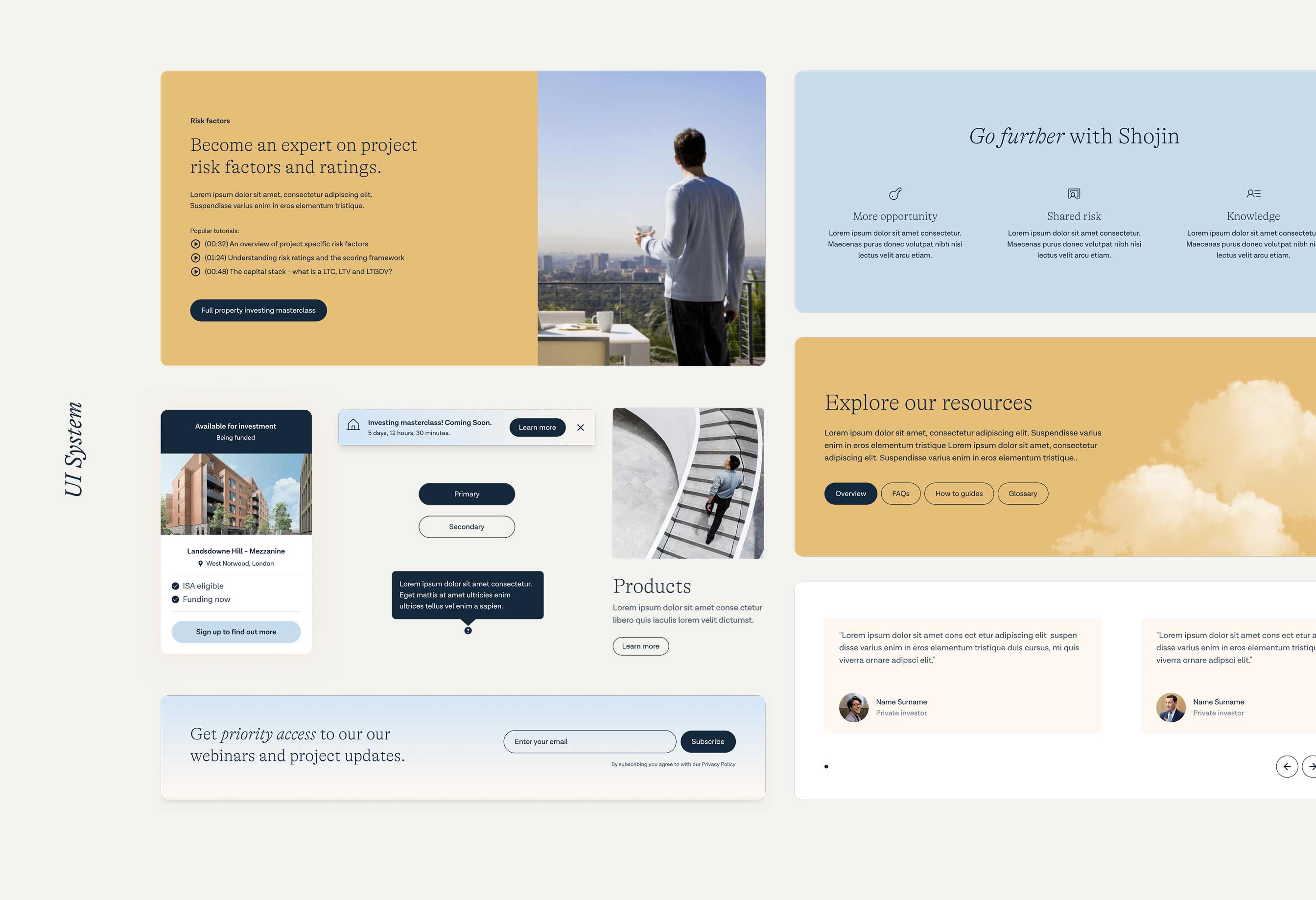 UI system layout with sections on project risk factors, investing masterclass announcement, product information, resource exploration, newsletter subscription, and navigation elements.