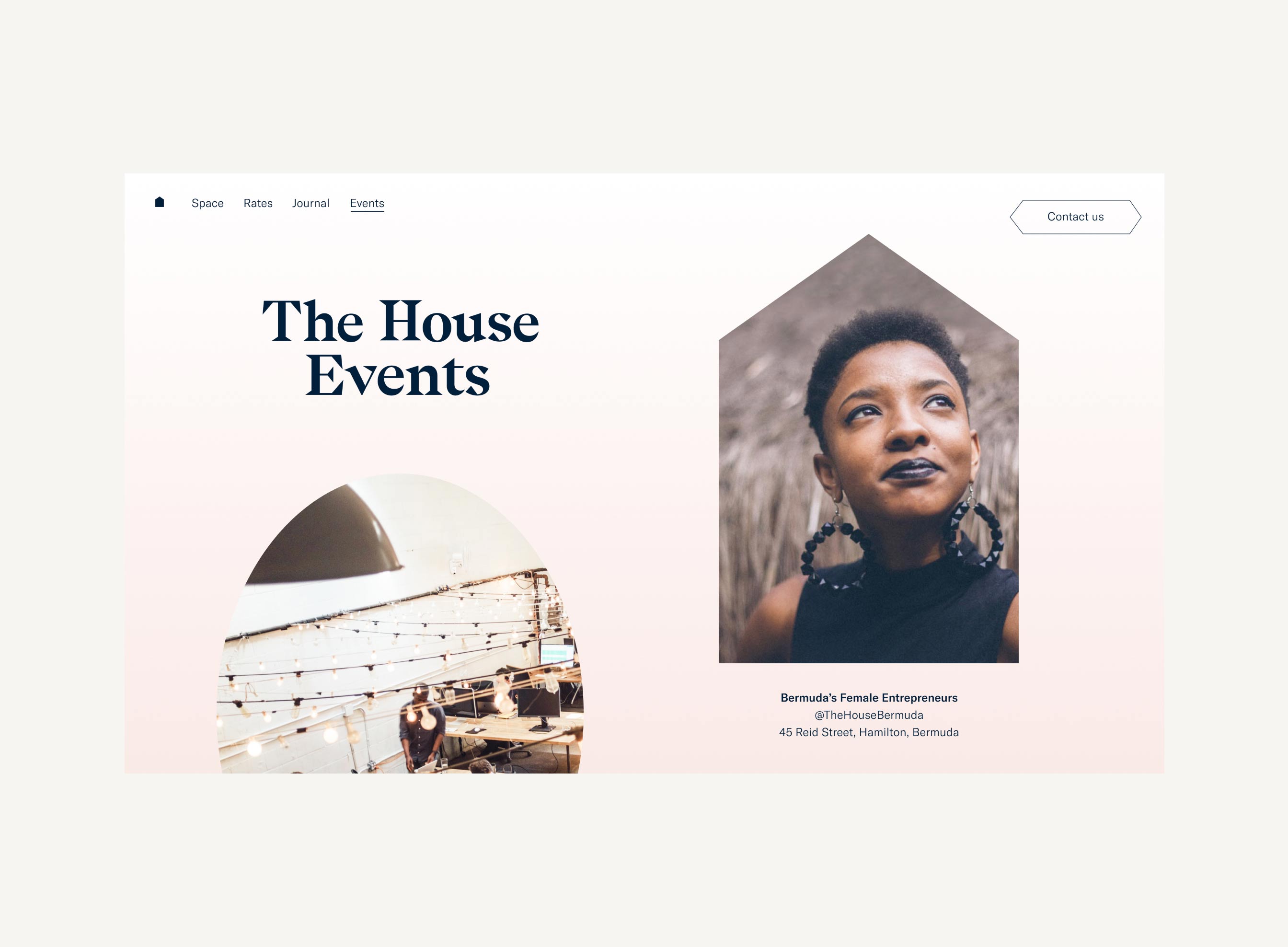 Website page titled 'The House Events' with a photo of a woman with short hair and large hoop earrings, and an interior workspace with string lights and desks.