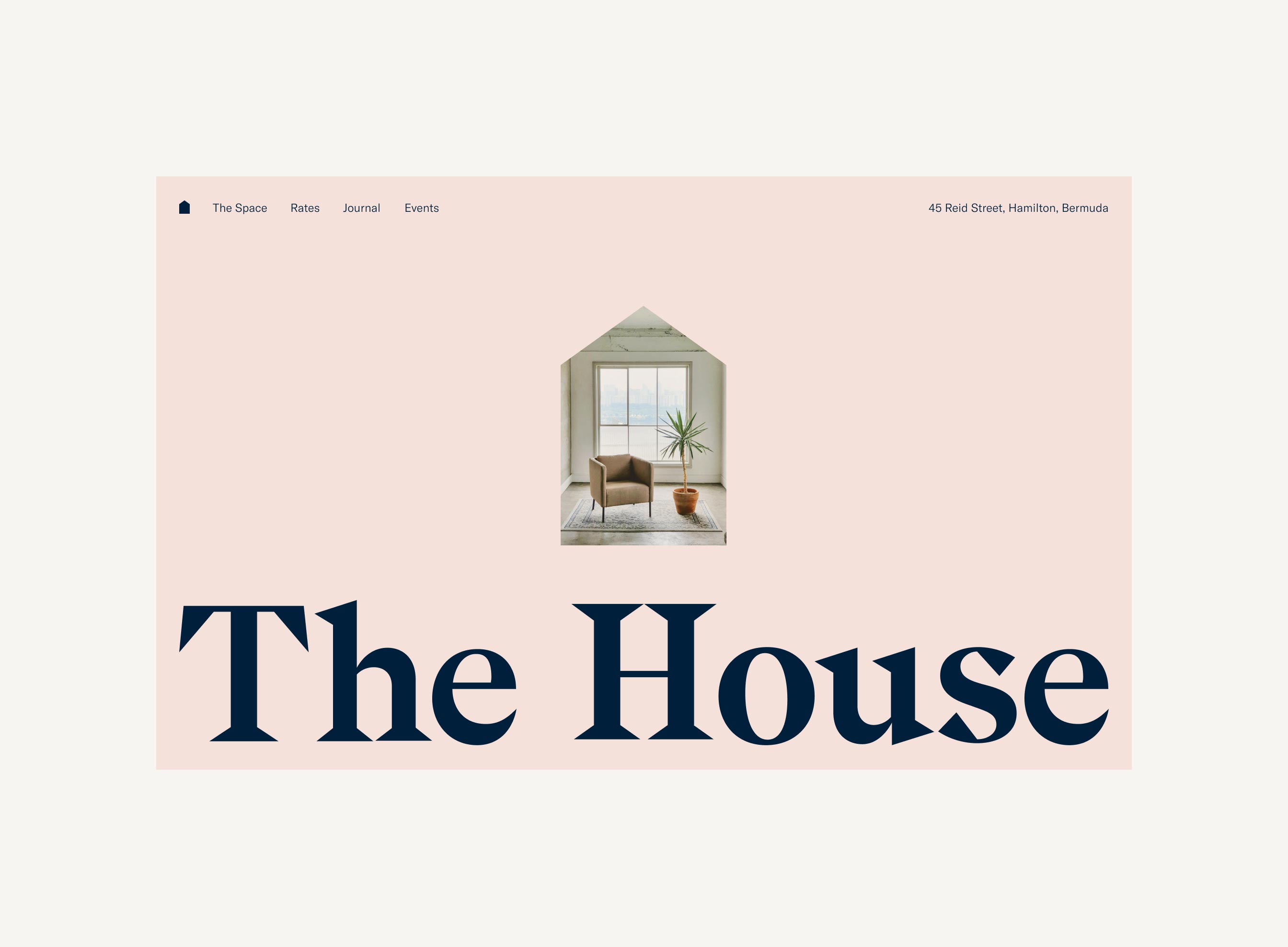 Website header with a house-shaped window showing a brown chair and potted plant inside, titled The House.