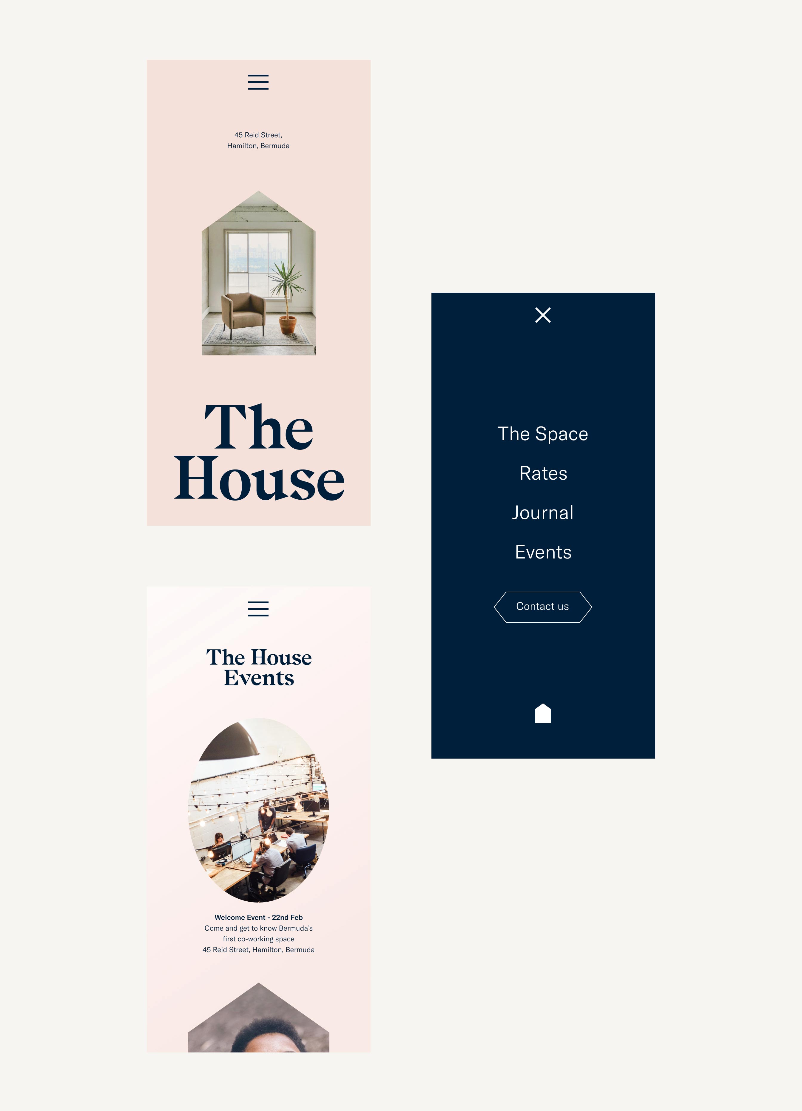 Mobile website layouts showing a beige screen with a brown chair and plant, text 'The House', an events page with people working in a coworking space, and a navy menu overlay with navigation links.