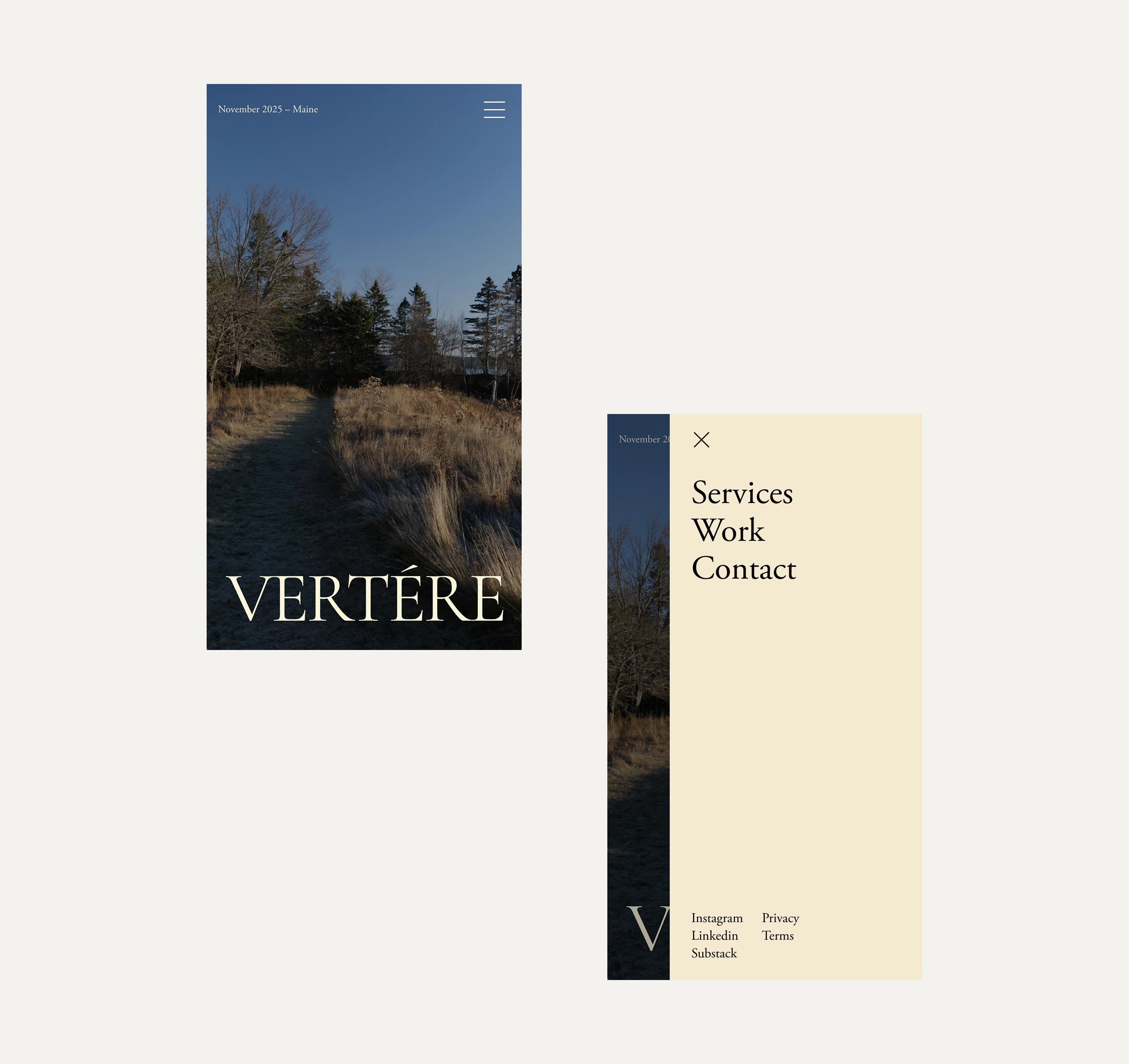 Two views of a mobile website for VERTERE; one shows a nature path with trees under clear sky, the other shows a beige menu with options Services, Work, Contact, and links for Instagram, LinkedIn, Substack, Privacy, and Terms.