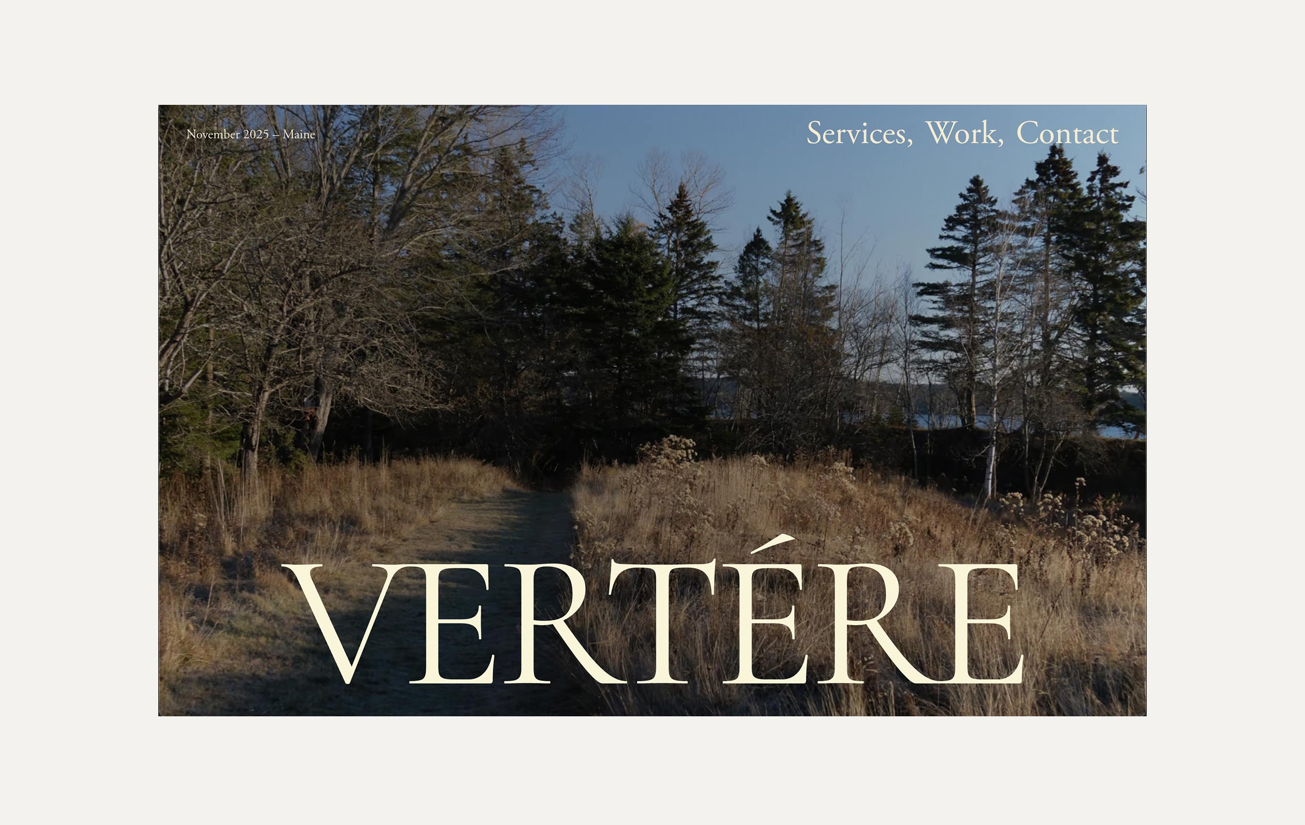 Website interface for Vertére featuring A dirt path leading through dry grass with leafless and evergreen trees under a clear blue sky.