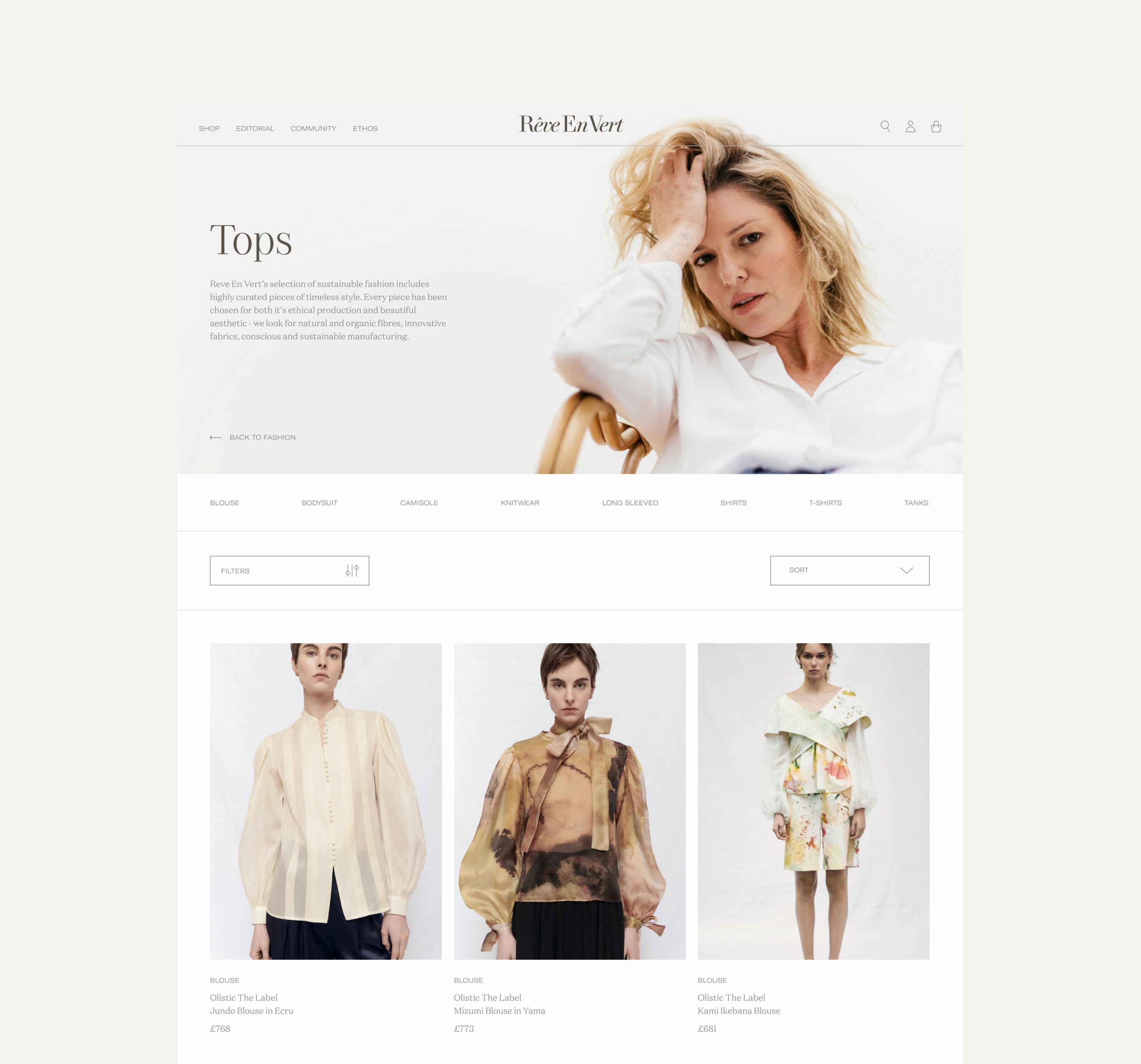 Fashion website section for sustainable tops featuring three models wearing blouse styles in neutral and floral patterns.