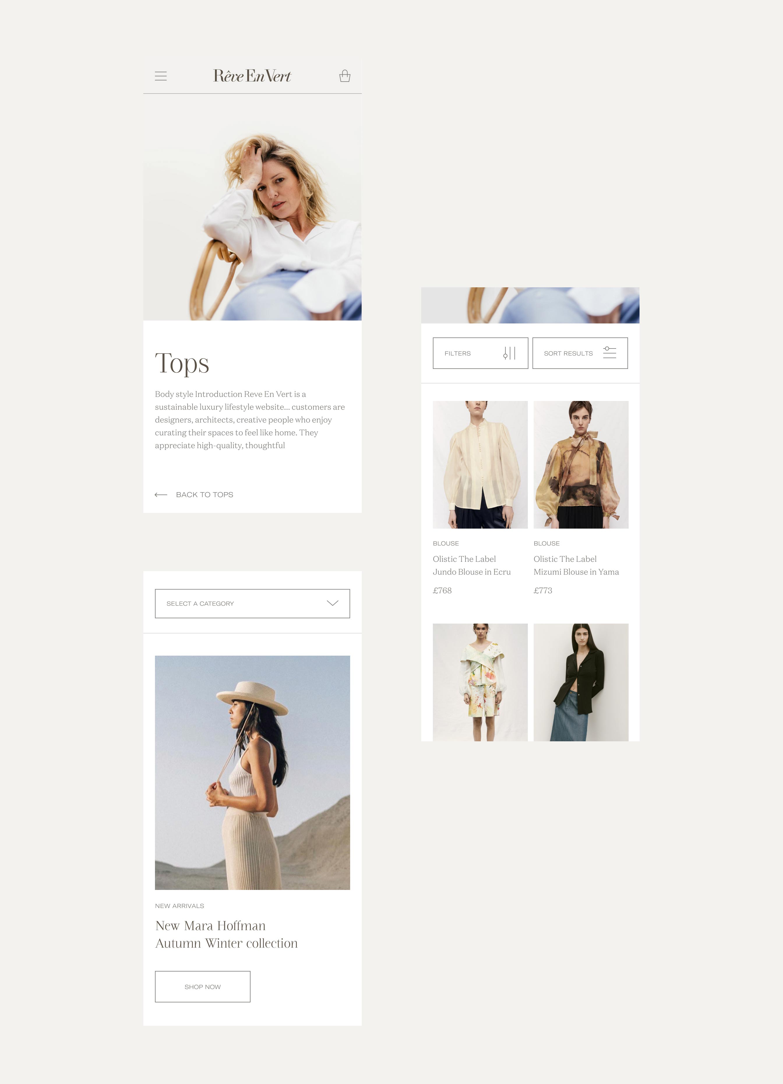 Fashion website showing a woman in a white blouse sitting on a chair, section titled Tops with text, a model in a beige dress and hat outdoors, and four product images of blouses with prices.
