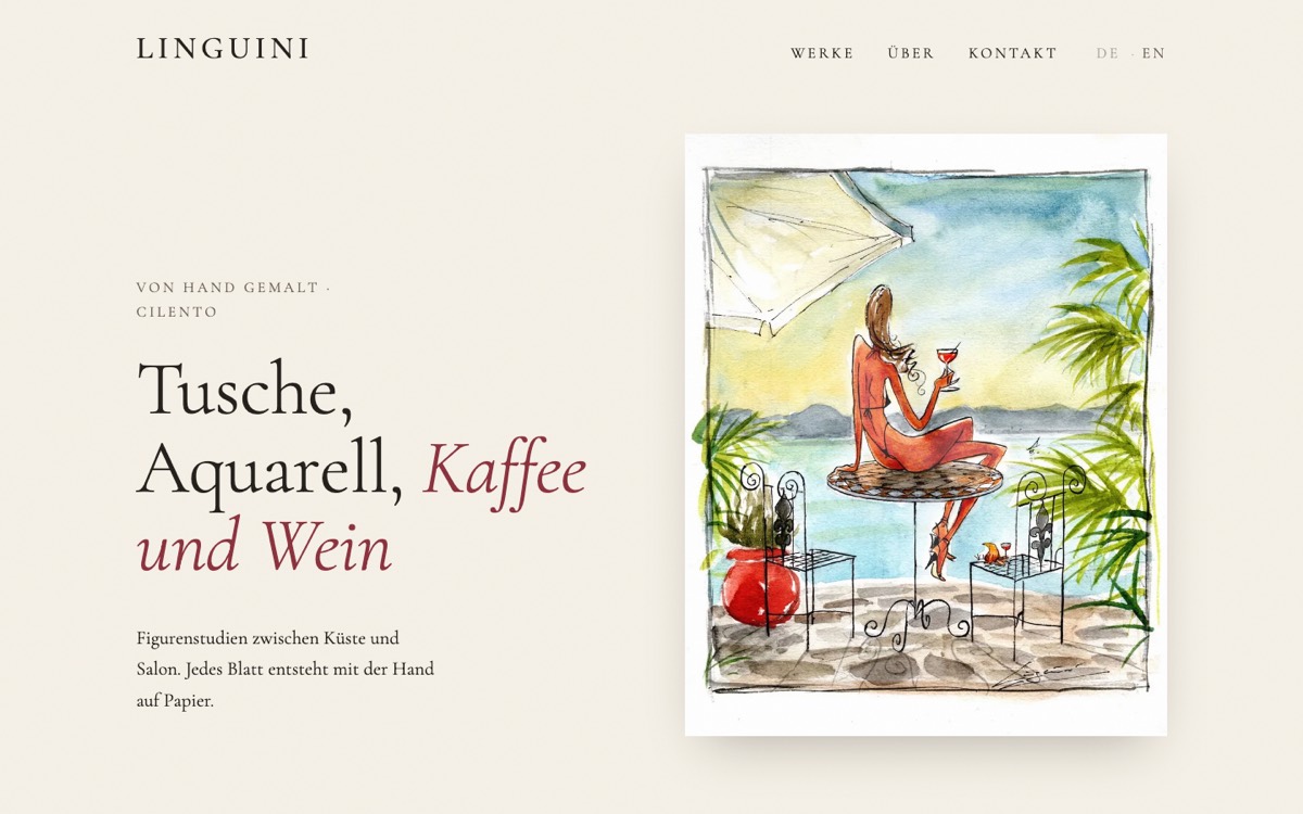 Startseite von Art of Linguini mit einer groß gezeigten Aquarellarbeit