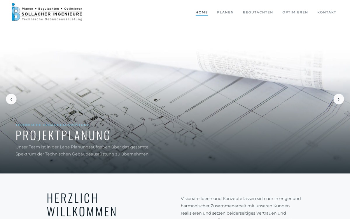 Startseite von Sollacher Ingenieure mit Bauplan-Motiv und Hauptnavigation