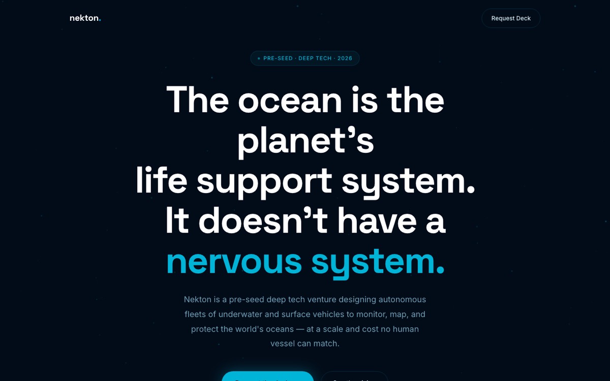 Dunkle Startseite von Nekton mit Tiefsee-Videohintergrund