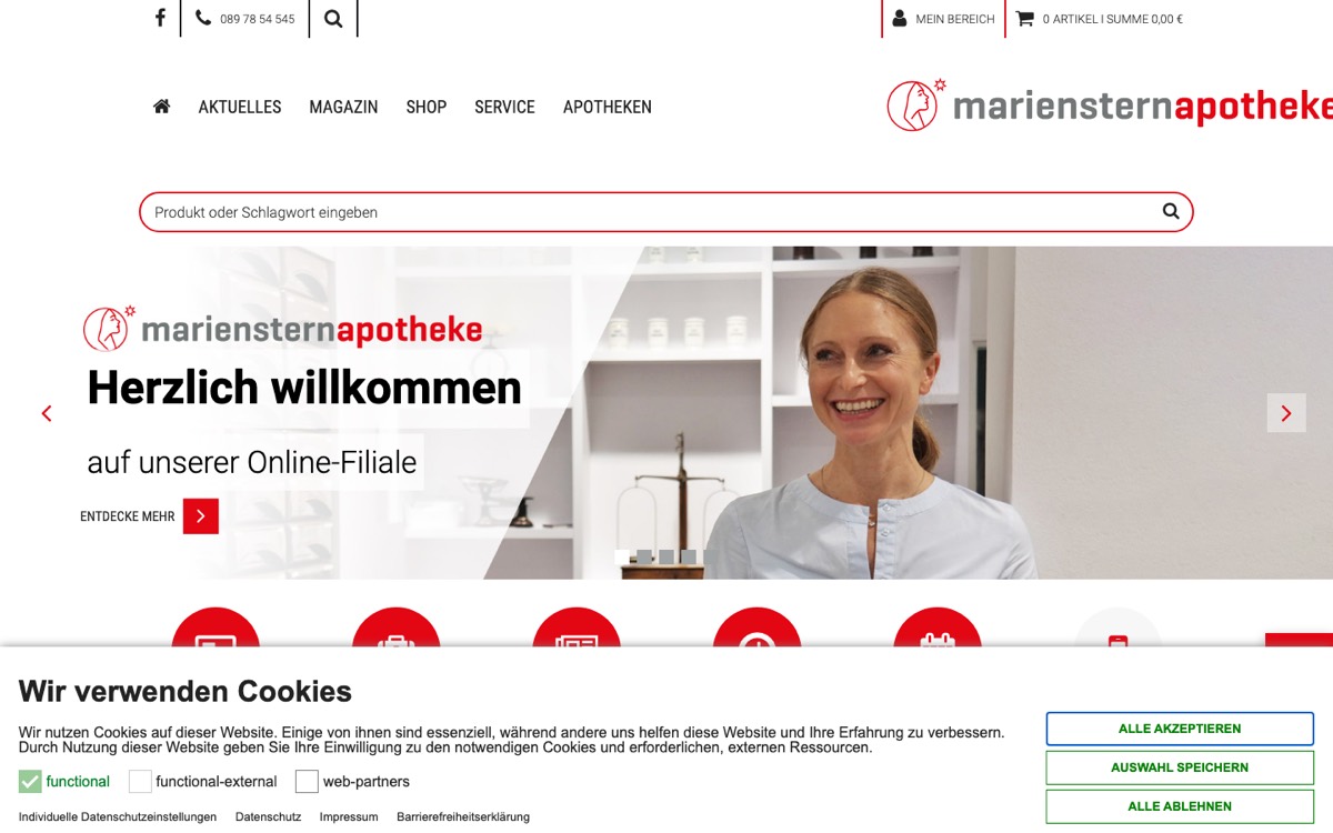 Startseite der Marienstern Apotheke mit Hinweis zum E-Rezept