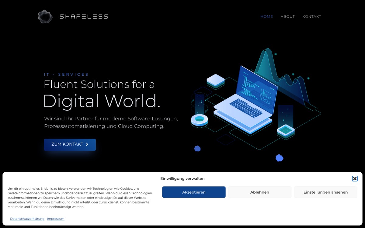 Dunkle Startseite von Shapeless mit abstrakter Systemgrafik