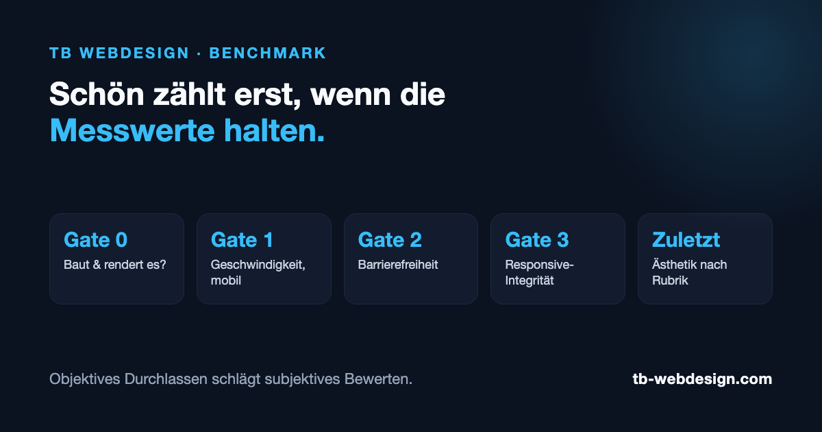 Benchmark-Prinzip: erst die Gates — Geschwindigkeit, Barrierefreiheit, Responsive-Integrität — dann Ästhetik, TB Webdesign
