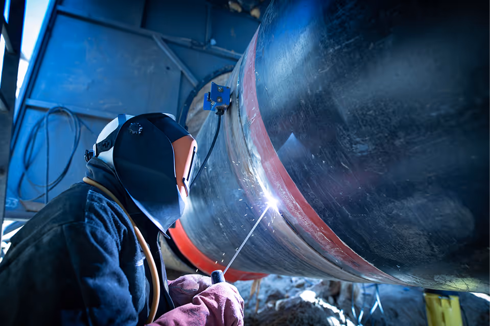 Worker wearing protective welding helmet and gloves welding large metal pipe in industrial setting.