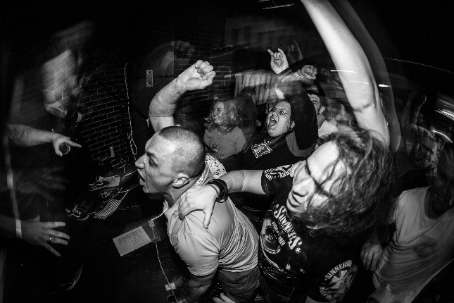 Group of partygoers shoouthing and cheering in a concert crowd