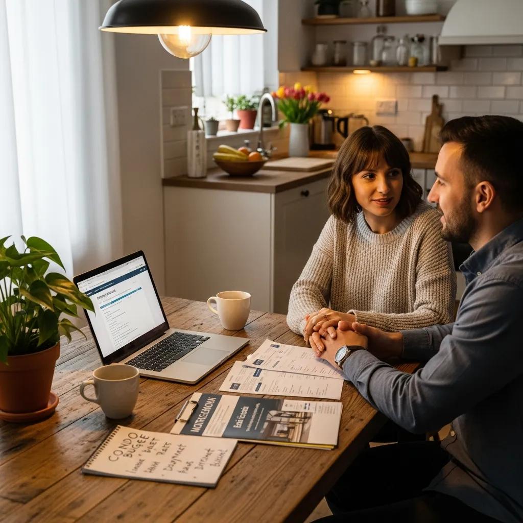 Couple discussing financing options for condo purchase at a kitchen table