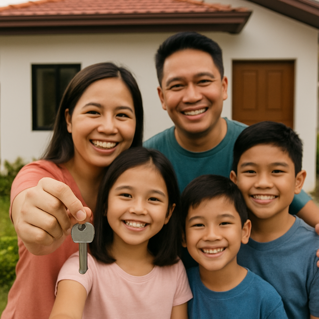An uplifting photo of a Filipino family smiling and holding the keys to their new home in the Philippines