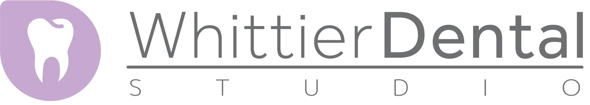 Whittier Dental Studio logo with a white tooth icon inside a purple circle.
