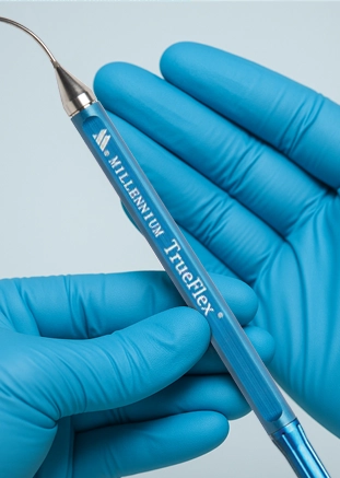 Hand wearing blue gloves holding a blue Millennium TrueFlex dental scaler tool against a light blue background.