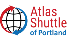 Atlas Shuttle of Portland logo with red and blue circular arrows surrounding a stylized map outline.