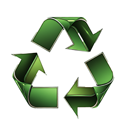 Green 3D recycling symbol with three curved arrows forming a triangle.
