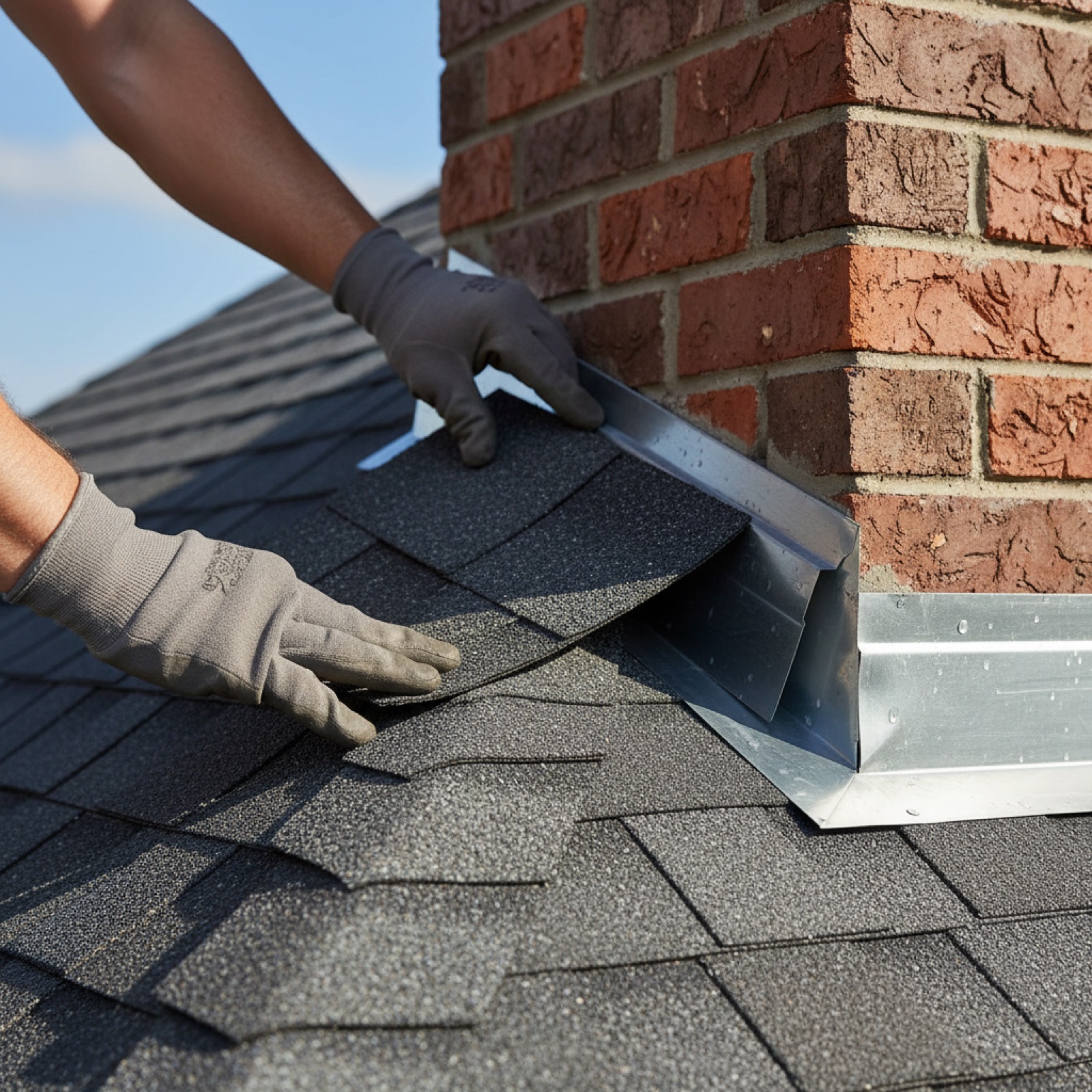 Roofer installing step flashing around a chimney on a Greendale, IN home