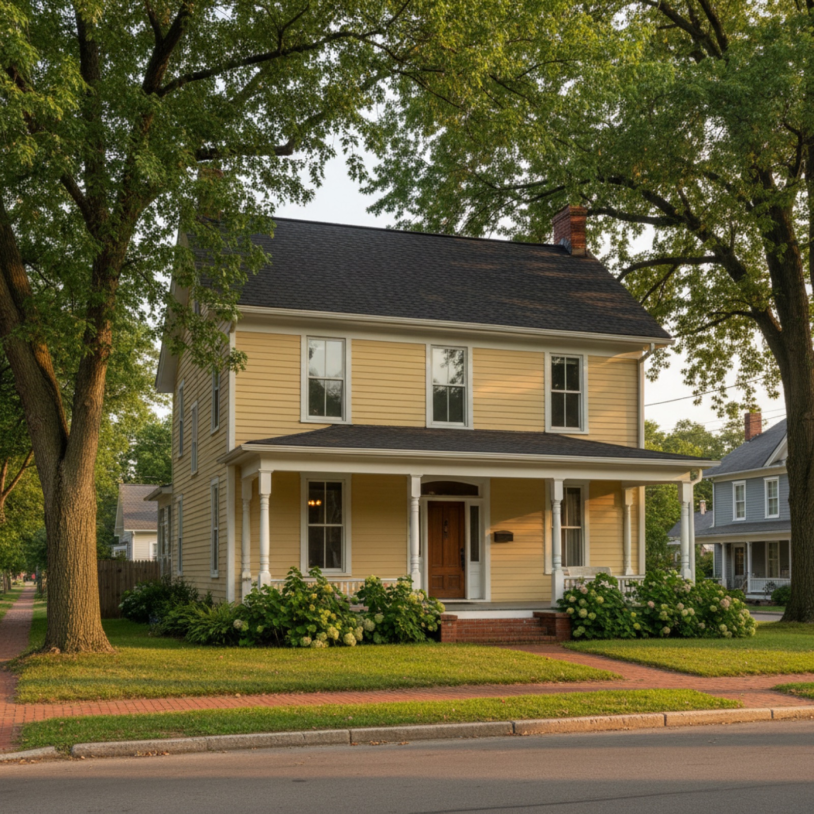 Restored historic home with a fresh roof on a tree-lined street in Rising Sun, IN