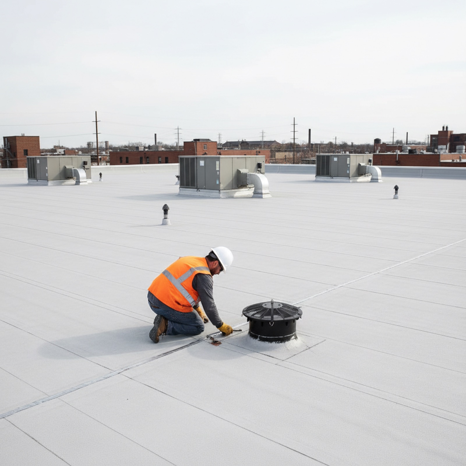 Roofer inspecting a drain and seam on a commercial flat roof