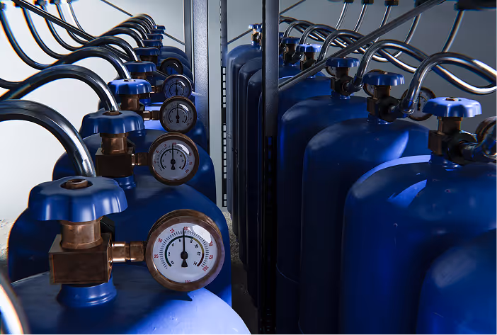 Row of blue gas cylinders with pressure gauges and blue valve handles reflected in a mirror.