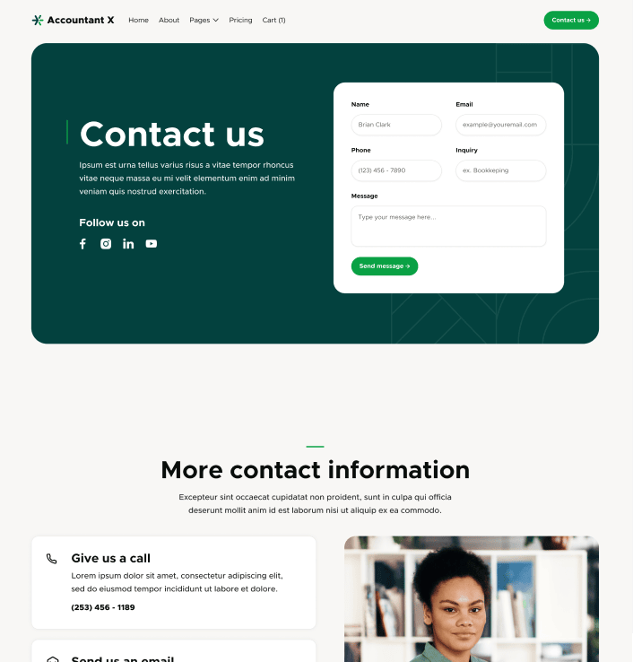 Accountant X - Contact V1 Main Page - Accountant Webflow Template