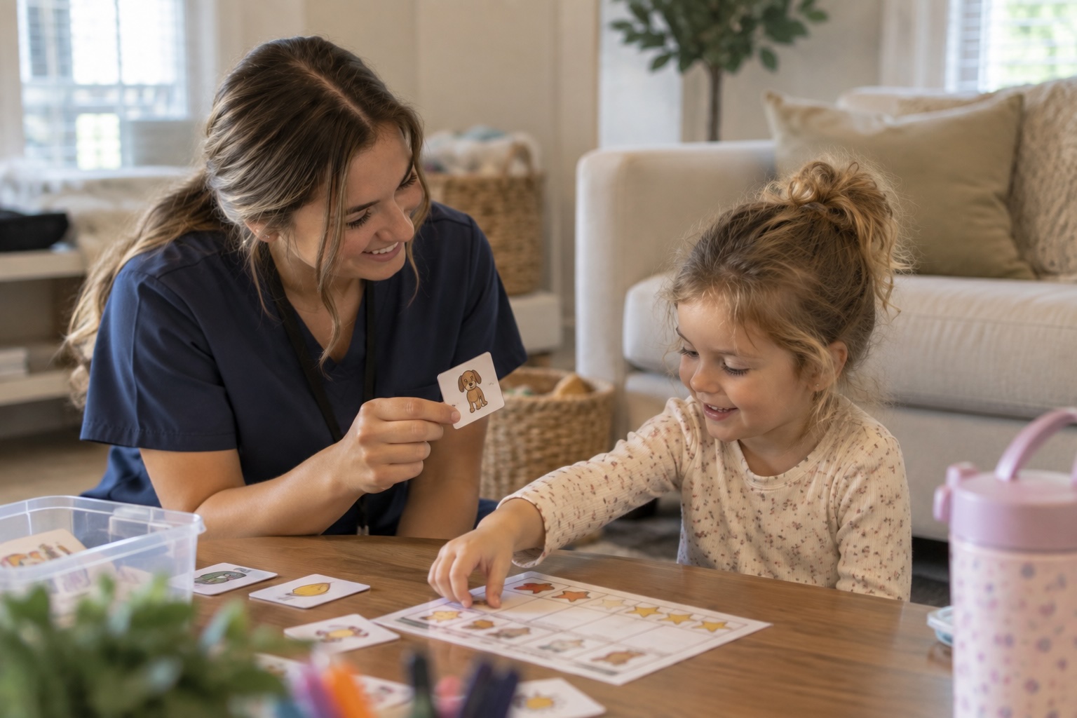 RBT working with a child during an in-home ABA therapy session