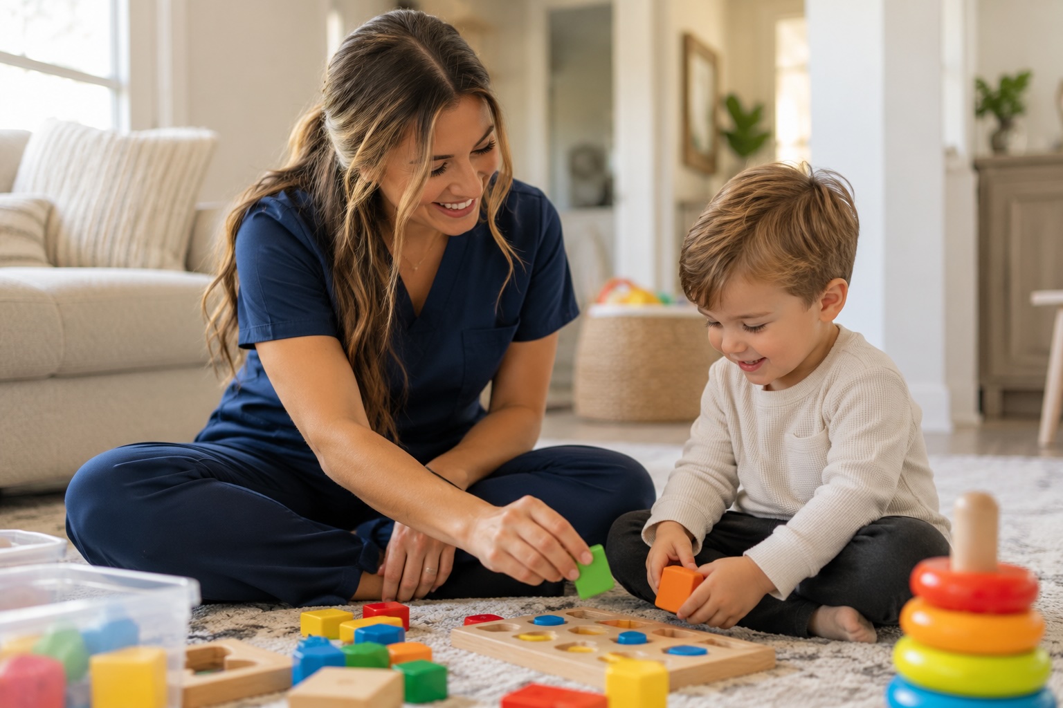 RBT working with a child during an in-home ABA therapy session