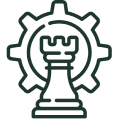 Chess rook piece inside a gear symbol representing strategy and engineering.