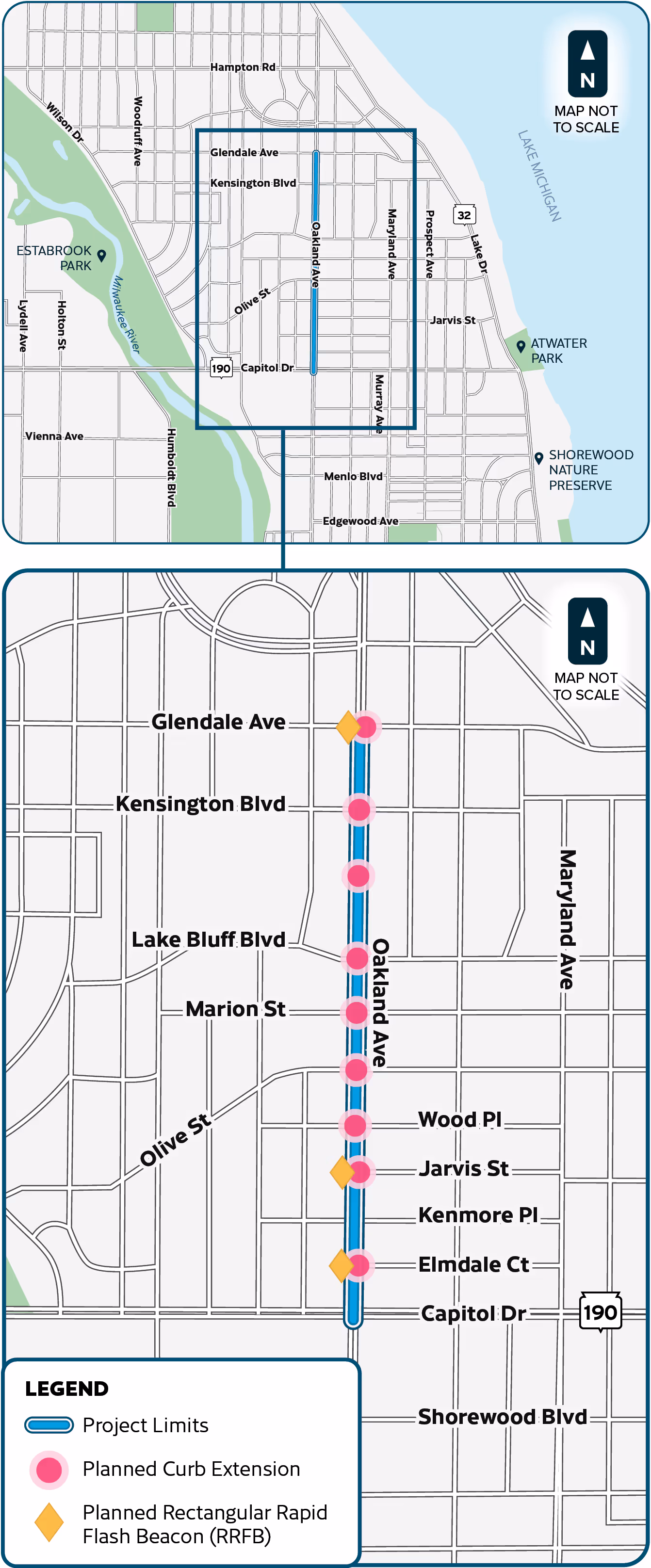 Map of the Village of Shorewood’s Construction Project Limits on Oakland Avenue. The map highlights Oakland Avenue between Glendale Avenue and Capitol Drive. The map also shows pins for curb extensions (or bumpouts) at the intersections of Glendale Avenue, Kensington Boulevard, one between Kensington and Lake Bluff boulevards, Lake Bluff Boulevard, Marion Street, Olive Street, Wood Place, Jarvis Street and Elmdale Court. Finally the map shows pins for Rectangular Rapid Flash Beacons at the intersections Of Glendale Avenue, Jarvis Street and Elmdale Court.