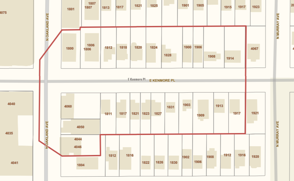 Water shut off map by Kenmore Place affecting property numbers 1800, 1806, 1811, 1812, 1817, 1818, 1820, 1821, 1823, 1824, 1827, 1828, 1831, 1900, 1903, 1906, 1908, 1909,1913, 1917, 4042, 4044, 4050, and 4060.