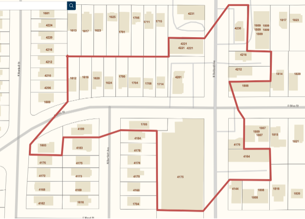 Water shut-offs affecting propertiy numbers on Olive Street 1603, 1612, 1616, 1620, 1624, 1700, 1704, 1705, 1708, 1714, Bartlett Avenue property 4189, and Oakland Avenue properties 4175, 4221, 4201, 4212, 4216, 4230, 4164, and 4170