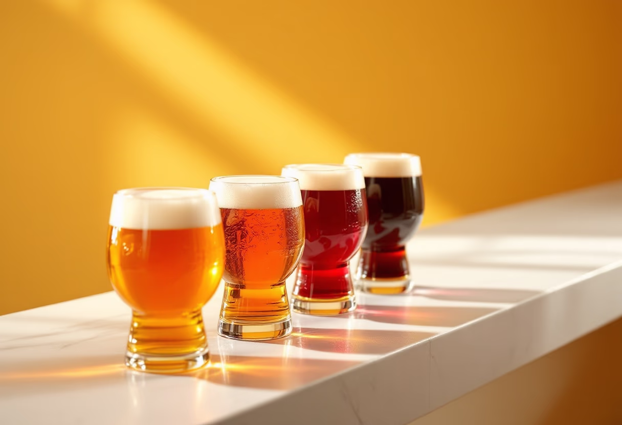 image of beer flights on a sleek bar counter with vibrant accents