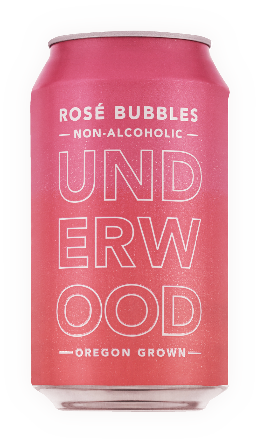 Pink can of Underwood Rosé Bubbles non-alcoholic sparkling beverage, Oregon grown.