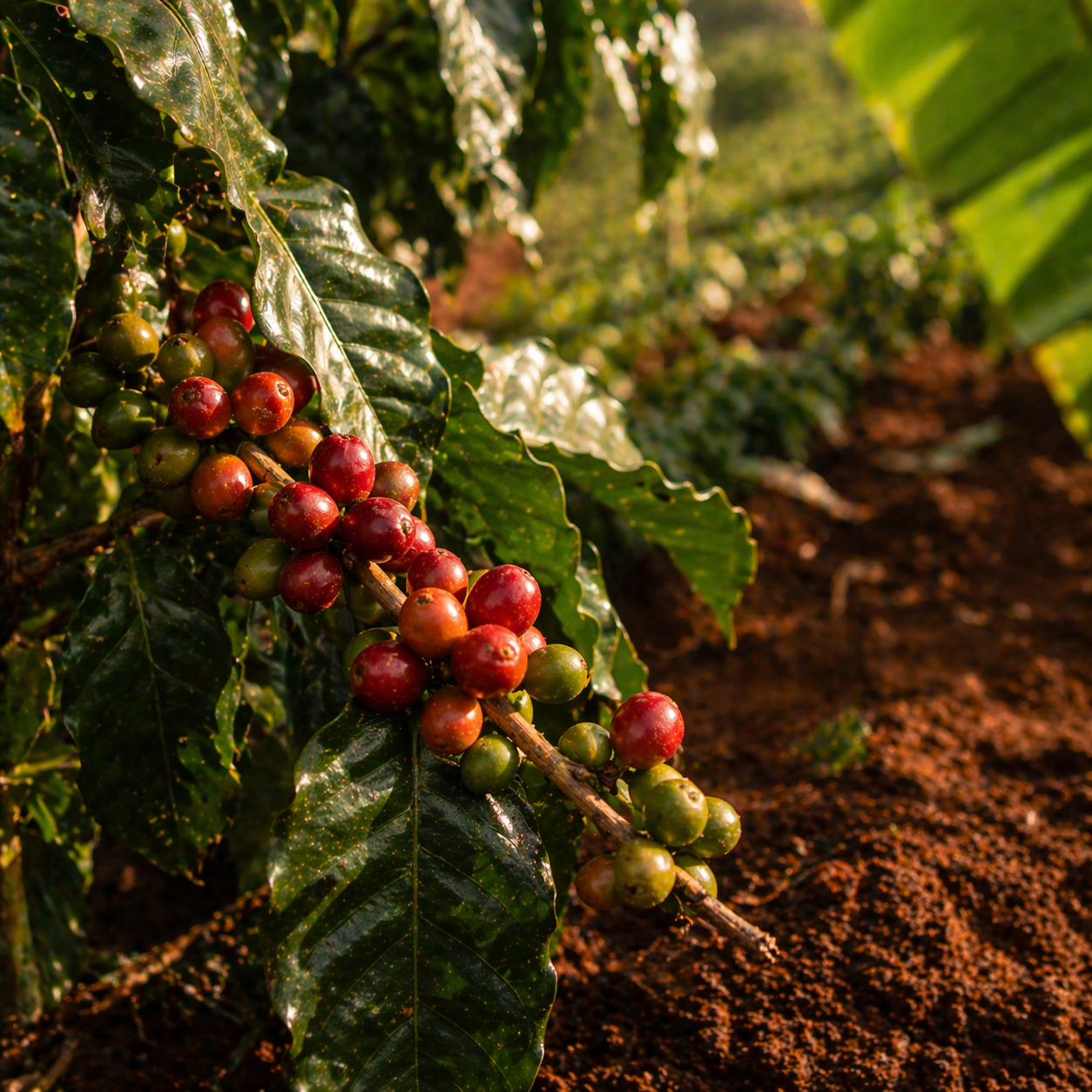 Ripe red and green coffee cherries on a branch in warm Bududa sunlight.