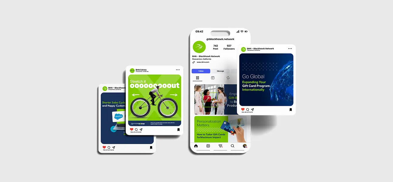 A clean mockup showing several overlapping smartphone screens displaying social media posts from Blackhawk Network, featuring colorful marketing graphics about gift cards, personalization, cycling imagery, and global expansion, all set against a light gray background.