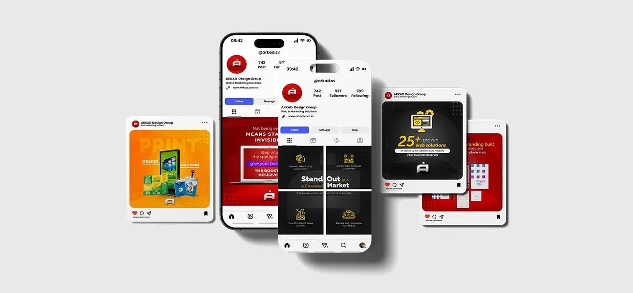 A clean mockup showing several overlapping smartphone screens displaying social media posts from Blackhawk Network, featuring colorful marketing graphics about gift cards, personalization, cycling imagery, and global expansion, all set against a light gray background.