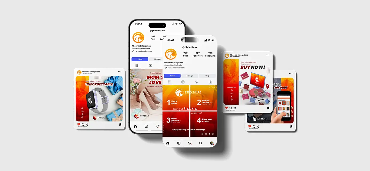 A clean mockup showing several overlapping smartphone screens displaying social media posts from Blackhawk Network, featuring colorful marketing graphics about gift cards, personalization, cycling imagery, and global expansion, all set against a light gray background.