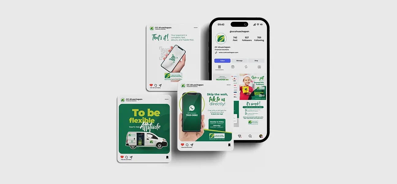 A clean mockup showing several overlapping smartphone screens displaying social media posts from Blackhawk Network, featuring colorful marketing graphics about gift cards, personalization, cycling imagery, and global expansion, all set against a light gray background.